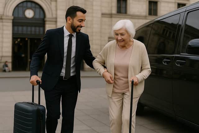 Chauffeur Lajoieway aidant une personne senior devant un bâtiment historique à Paris