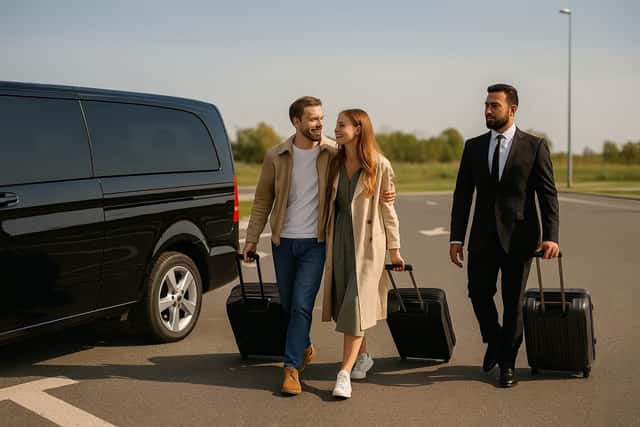 Couple avec chauffeur VTC Lajoieway sur aire d'autoroute lors d'un trajet longue distance en Mercedes