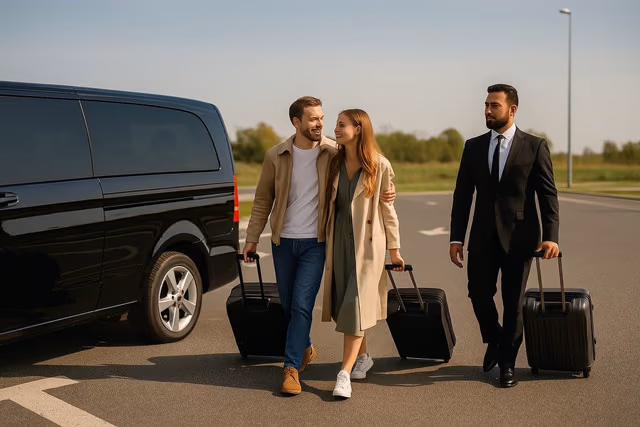 Couple with Lajoieway VTC driver at highway rest area during long distance trip