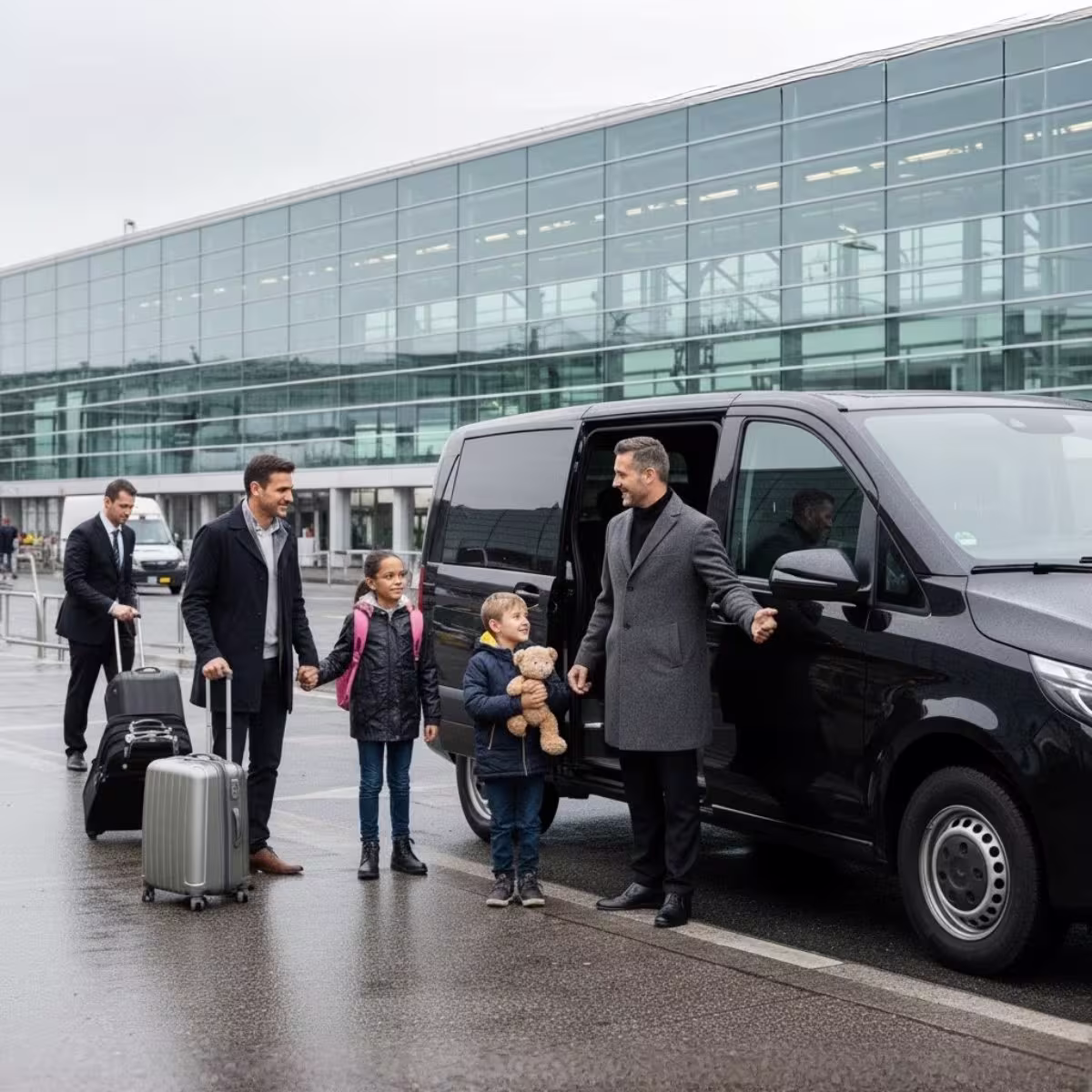 Family with children greeted at Paris CDG airport by Lajoieway VTC driver with baby car seat