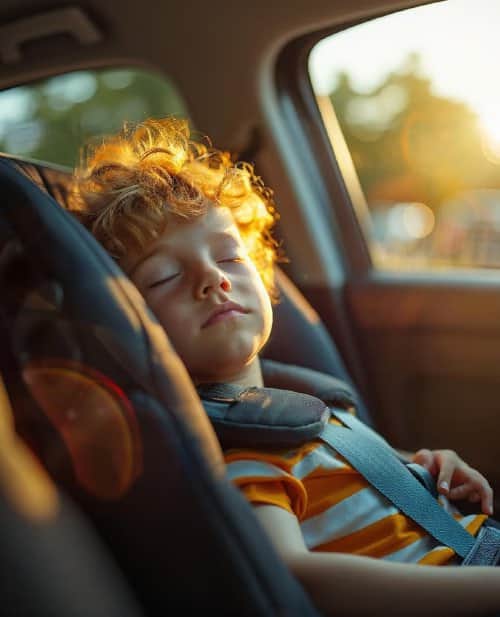 Enfant dormant paisiblement dans un siège auto homologué i-Size dans un VTC Lajoieway à Paris