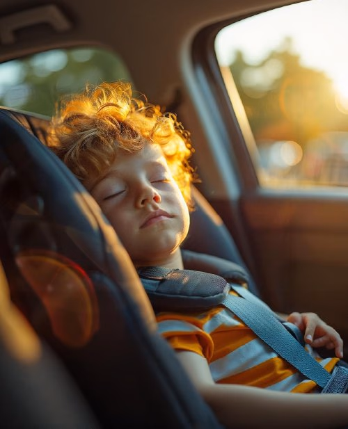 Child sleeping peacefully in i-Size certified car seat in Lajoieway VTC in Paris