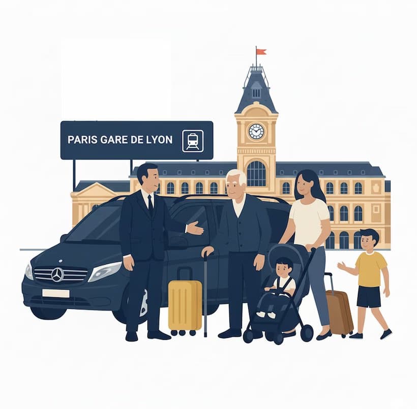 Famille avec enfants à la Gare de Lyon Paris avec chauffeur VTC Lajoieway et siège bébé