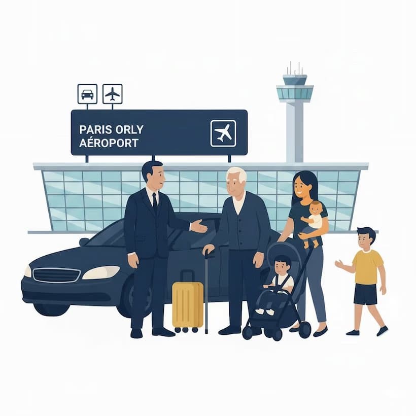 Family with baby arriving at Paris Orly airport in Lajoieway VTC with free car seat