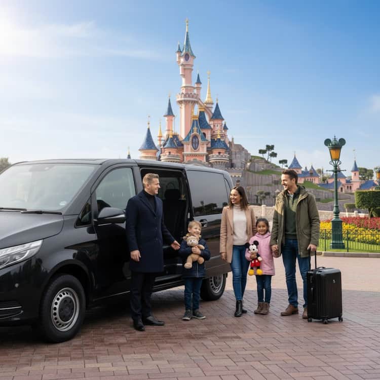 Famille sortant de Disneyland Paris avec chauffeur VTC Lajoieway et siège auto pour enfant