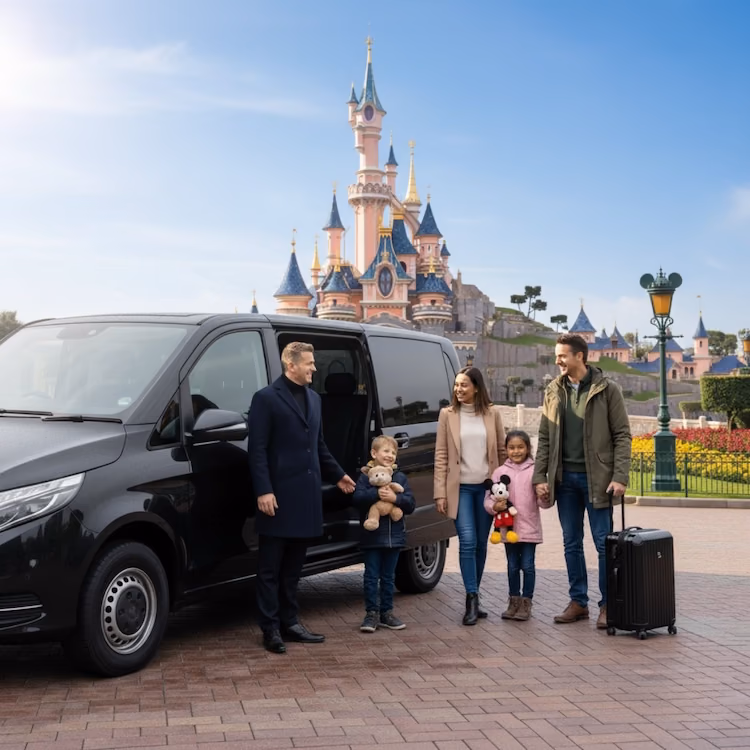 Family leaving Disneyland Paris with Lajoieway VTC driver and child car seat