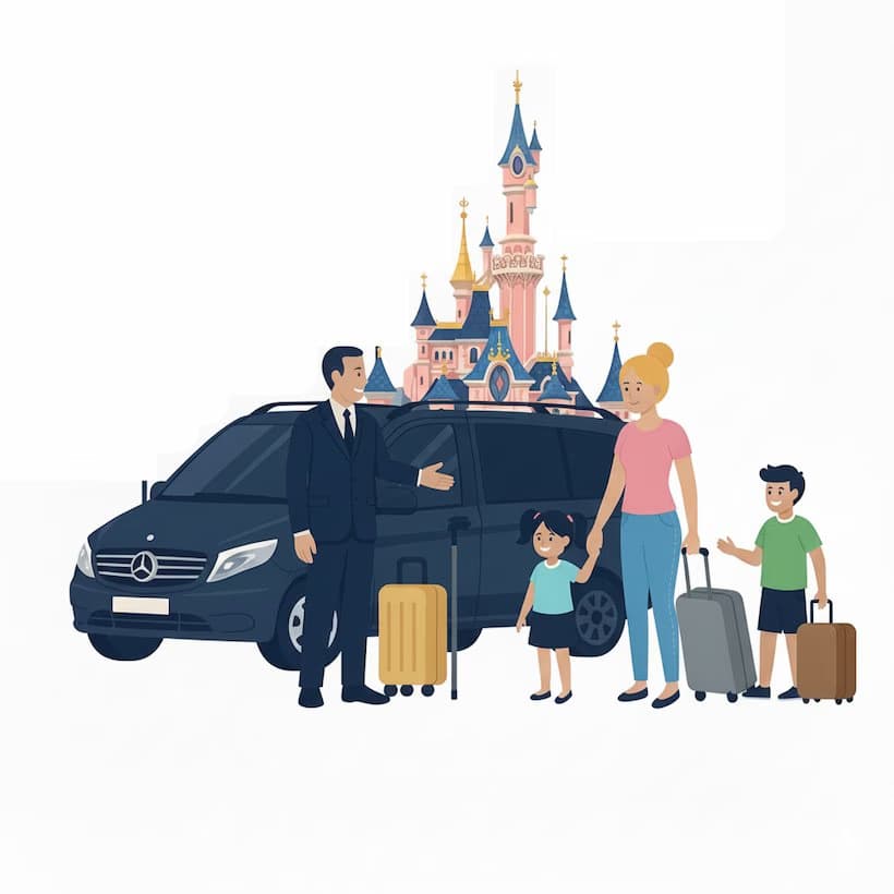 Happy family in front of Disneyland Paris after Lajoieway VTC transfer with child car seat