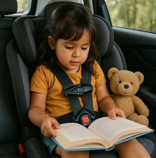 Enfant lit un livre en siège auto
