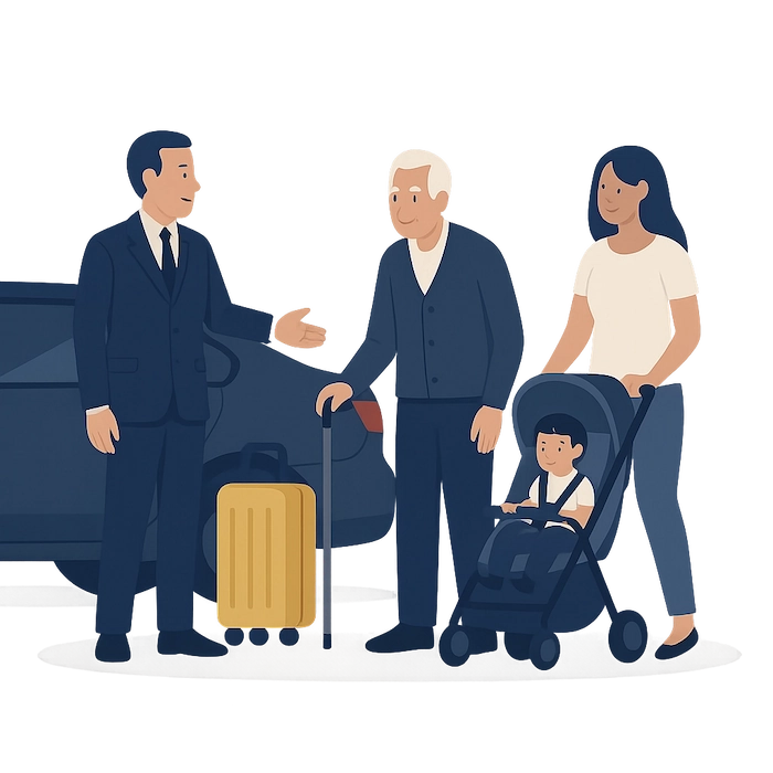 accompagnement personnalise senior maman bebe sur mesure assistance vtc-2 Chauffeur accueillant un homme âgé avec une canne et une maman avec poussette devant une voiture, symbolisant l'accompagnement personnalisé pour chaque trajet.