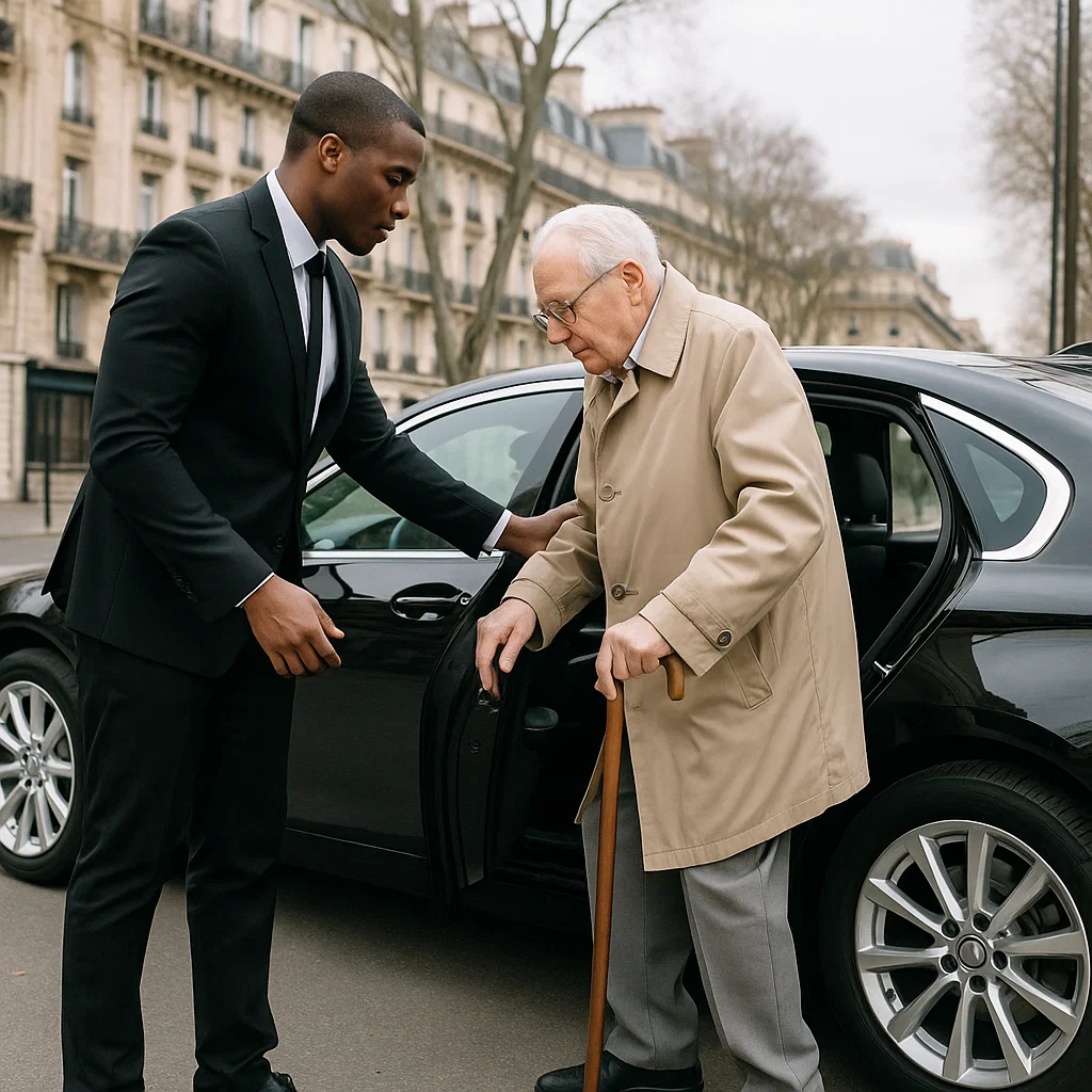 Chauffeur aidant un senior à monter dans un véhicule VTC Chauffeur aidant un senior à monter dans un véhicule VTC