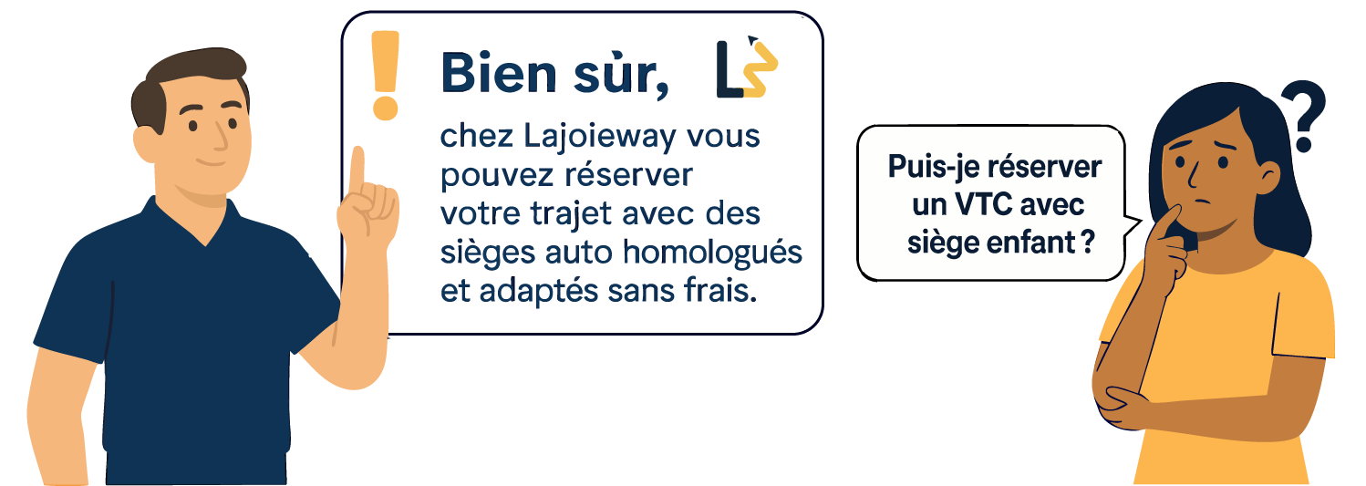 faq illustration dialogue chauffeur femme qui se quesionne sur les sieges auto chez Lajoieway Comment réserver un VTC avec siège enfant à Paris ? FAQ VTC avec siège bébé à Paris – Lajoieway