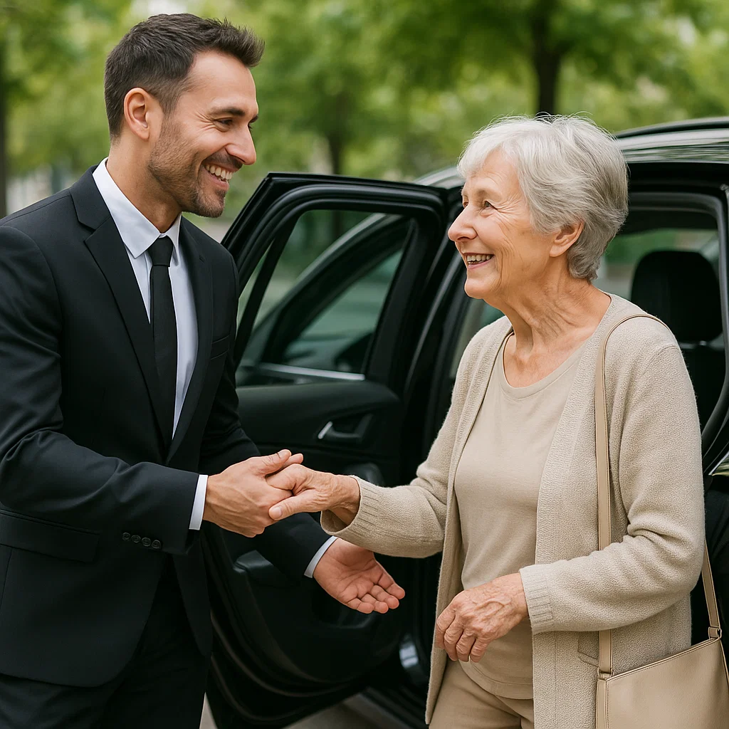 femme-agee-aidee-chauffeur-vtc-bienveillant-paris Femme âgée seniors aidée par un chauffeur VTC souriant bienveillant humain Paris Lajoieway