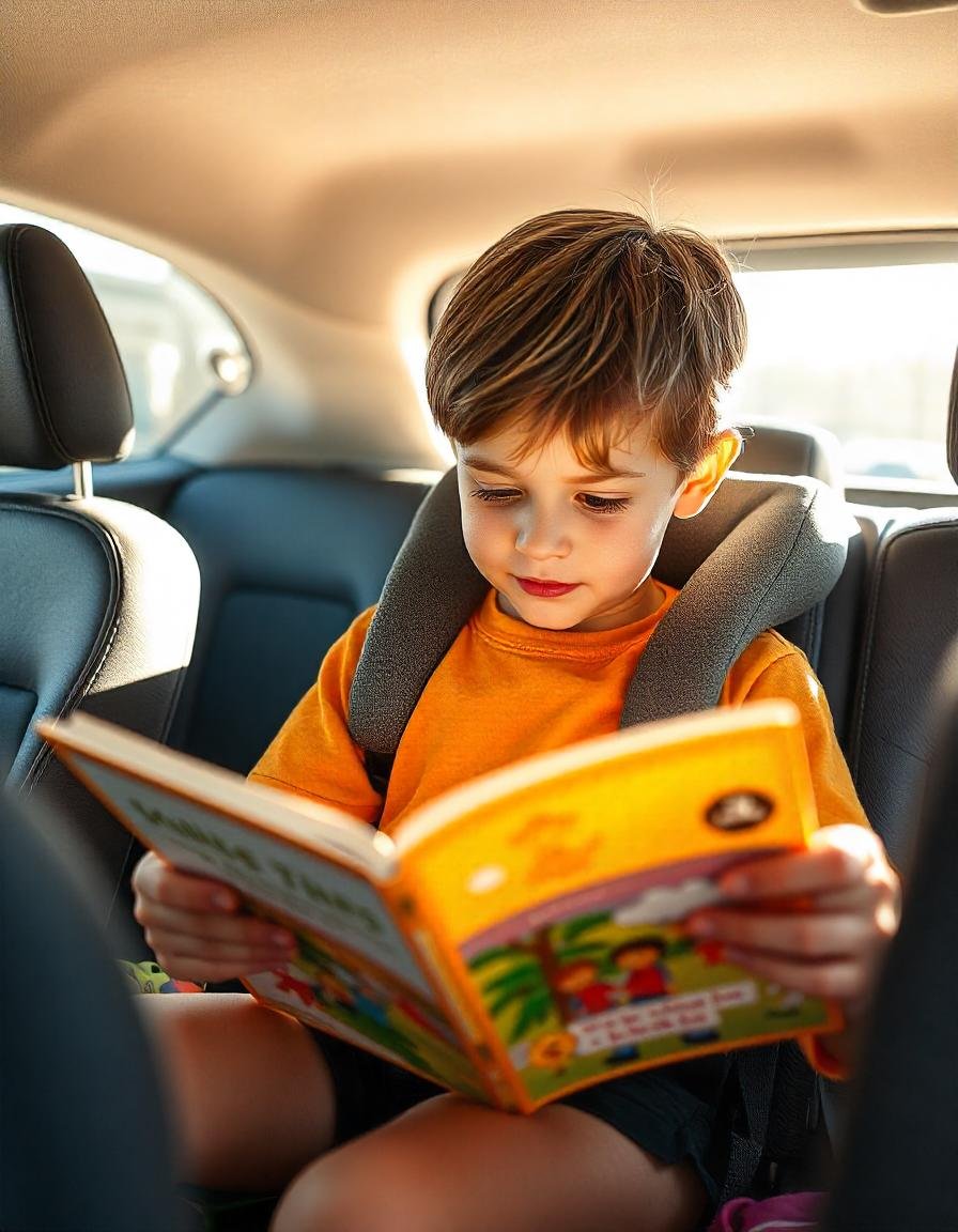 freepik__candid-image-photography-natural-textures-highly-r__47561 Enfant écoutant une comptine et lisant un livre dans un VTC familial confortable