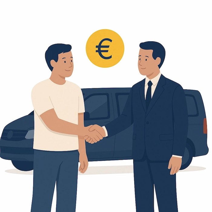prix transparents fixe honnete pas cher vtc-2 Client en t-shirt serrant la main d’un chauffeur devant un van, avec un symbole euro en arrière-plan, représentant un prix fixe et transparent.