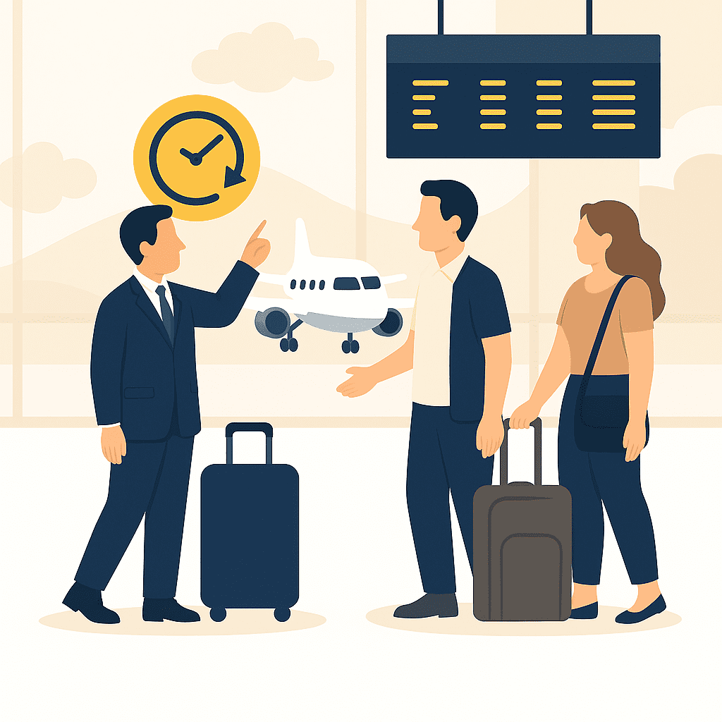 suivi des horaires temps reel chauffeur check arrivee avion aeroport vtc Chauffeur en costume pointant un tableau des horaires à l'aéroport devant un couple de voyageurs, symbolisant le suivi en temps réel des vols pour un service de VTC familial ponctuel.
